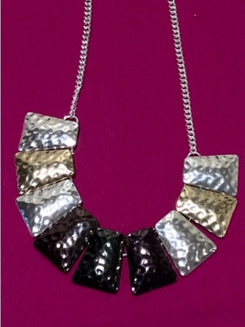 Hammered Metal Statement Bib Necklace in Silver Tone